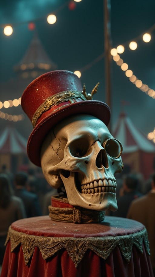 A detailed skull wearing a red top hat and monocle resting on a pedestal with blurred circus tents and lights in the background.