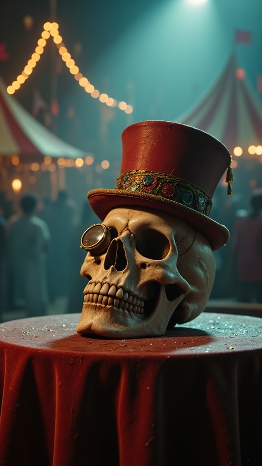 A skull wearing a jeweled red top hat and brass monocle resting on a table against a blurred circus background.