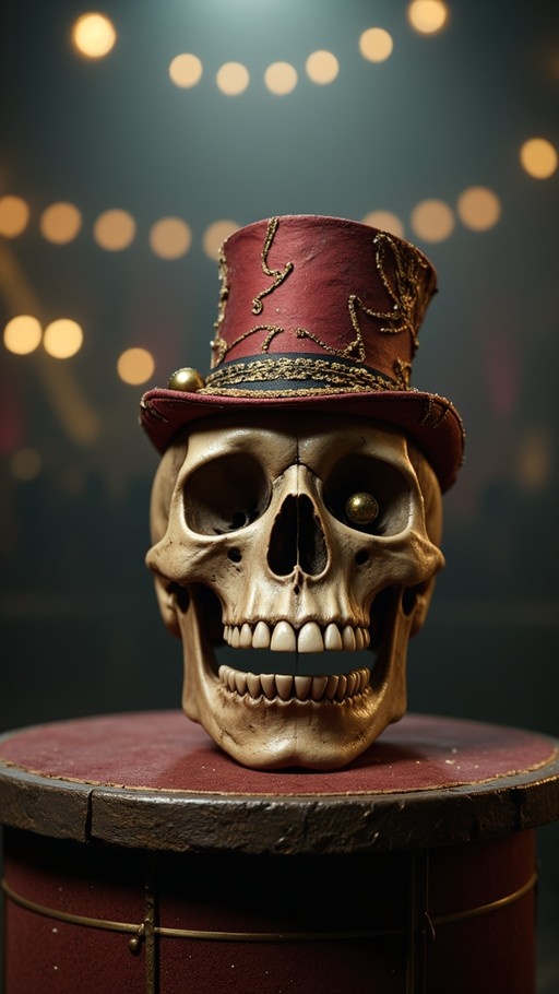 A detailed skull wearing a maroon top hat with gold embroidery rests on a large drum, illuminated by soft bokeh lights in the background.