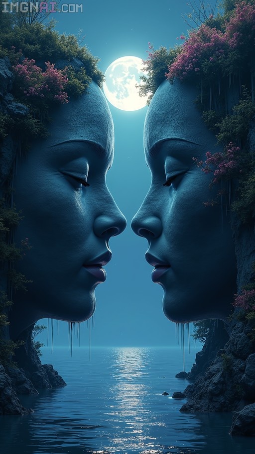 Two giant blue faces emerging from cliffs facing each other under a full moon over the ocean.