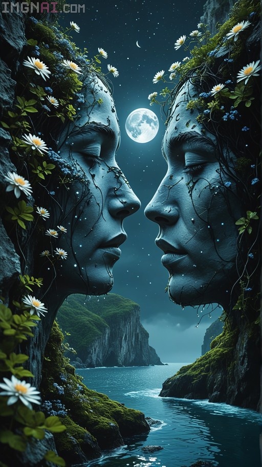 Two colossal stone faces with closed eyes emerge from mossy cliffs covered in white flowers, facing each other under a bright full moon and starry night sky above calm water.