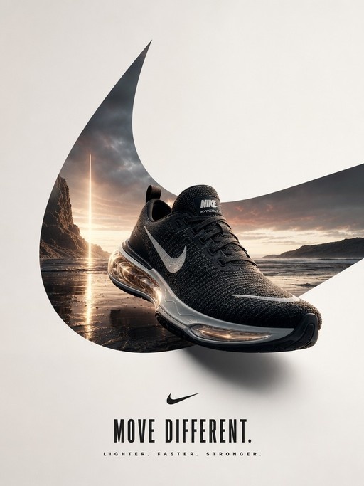 A black Nike sneaker in a poster layout with a large swoosh frame showing a coastal sunset and the text "MOVE DIFFERENT."