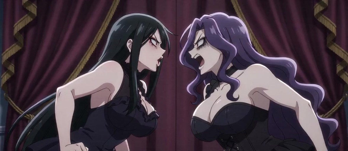 Two anime-style girls sitting on a couch indoors; one with long purple hair and red eyes wears a black sleeveless dress while looking at her dark-haired companion.