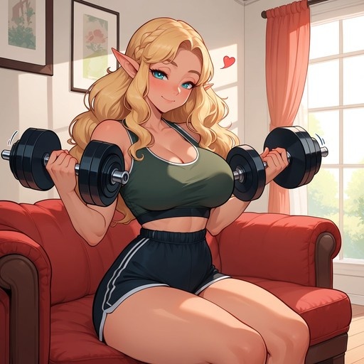 Anime style blonde elf woman lifting dumbbells while sitting on a red couch in a living room.