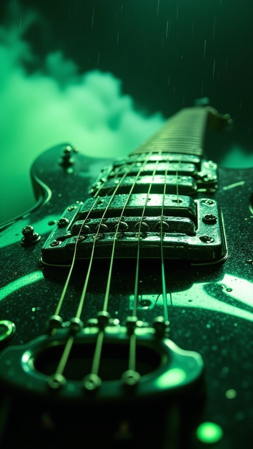 Close-up of a black electric guitar covered in raindrops under dramatic green lighting.