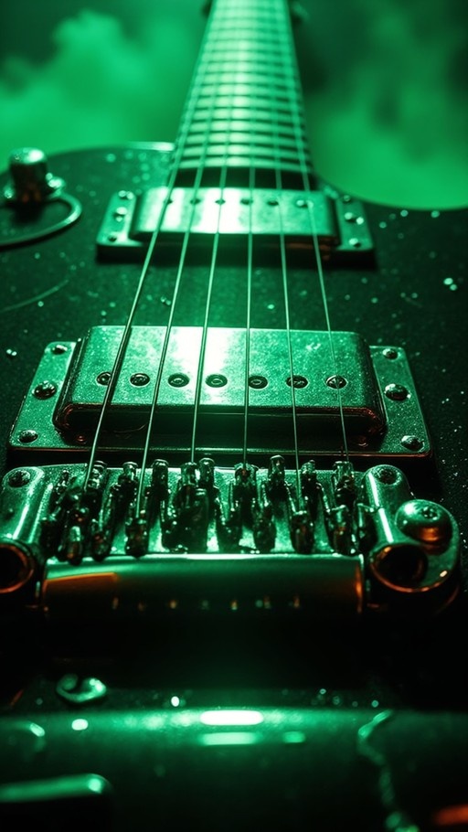 Close-up of an electric guitar neck and body bathed in green light, showing the strings and metallic pickups against a blurred background.