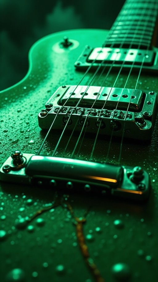 Close-up of a wet green electric guitar showing the bridge and strings.