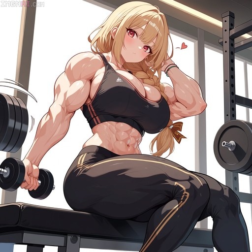 Muscular blonde anime woman in black sports bra sitting on gym bench holding dumbbell and flexing arm muscles.
