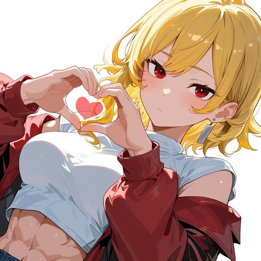 Kaela Kovalskia from Hololive English -Council- poses against a white background, wearing an open red jacket over a white crop top that reveals her toned abdomen. She has blonde hair and red eyes, looking directly at the viewer while forming a heart shape with her hands.