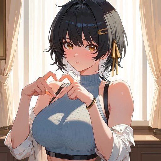 Female Rover from Wuthering Waves with short black and white hair making a heart gesture in front of her chest while wearing a blue ribbed top.