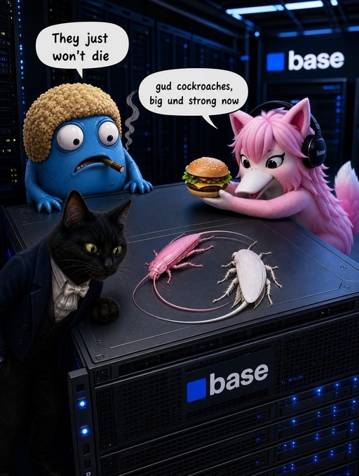A blue blob character and a pink furry creature stand by a Base server where two large cockroaches are arranged in a yin-yang pattern on top of the machine.