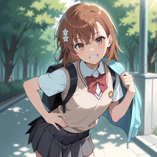 Misaka Mikoto in a Tokiwadai summer uniform smiling outdoors.