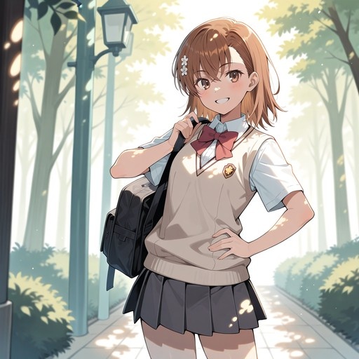 A smiling anime girl with brown hair wearing a beige sweater vest and red bow tie stands on a sunlit path holding a black school bag over her shoulder.