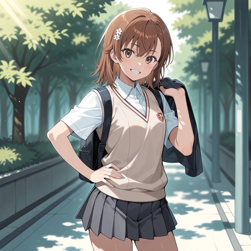 Misaka Mikoto in her Tokiwadai school uniform standing on a sunny path with trees.