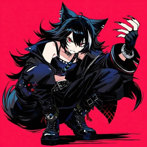 An anime-style wolf girl with black hair and red eyes squats intensely against a solid red background, wearing a black jacket, crop top, and boots while displaying sharp claws and animal ears.