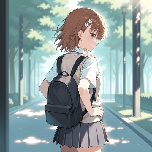Anime girl with short brown hair in a school uniform and backpack looks back over her shoulder on a sunny path.
