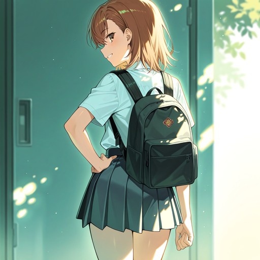Misaka Mikoto in a white shirt and pleated skirt carrying a black backpack while looking back over her shoulder.