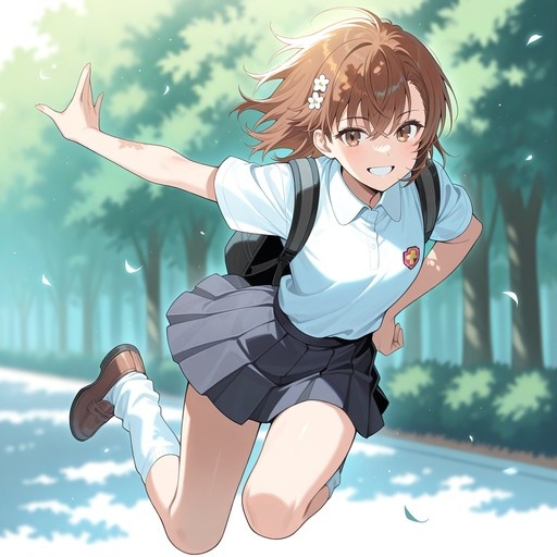 Misaka Mikoto from A Certain Scientific Railgun leaping through the air in a park, wearing her Tōwada High summer uniform with a white shirt and grey skirt, smiling with flower clips in her hair.
