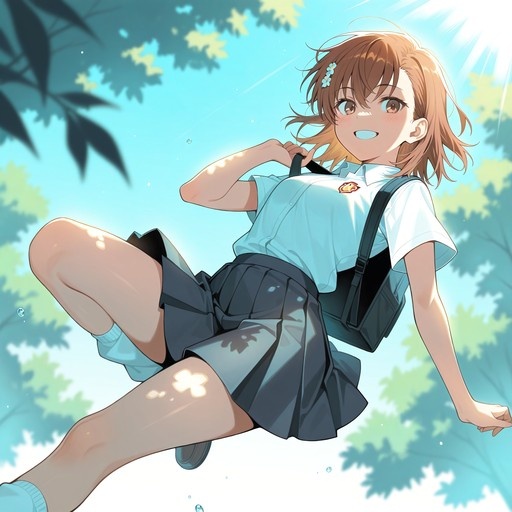 An illustration of Misaka Mikoto in a white shirt and dark skirt jumping or floating outdoors with sunlight filtering through the trees behind her.