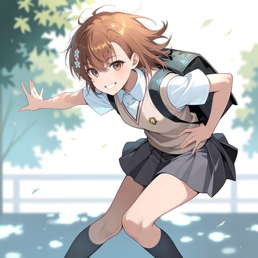 Misaka Mikoto in her Tokiwadai Middle School summer uniform, wearing flower hair clips, leans forward playfully with a smile while carrying a backpack outdoors.