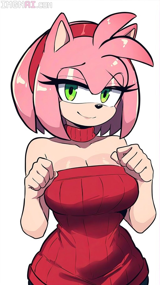 Pink hedgehog Amy Rose wearing a red strapless sweater and smiling at the viewer