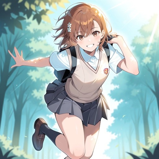 Misaka Mikoto in a Tokiwadai school uniform running towards the viewer with a smile through a sunny forest.