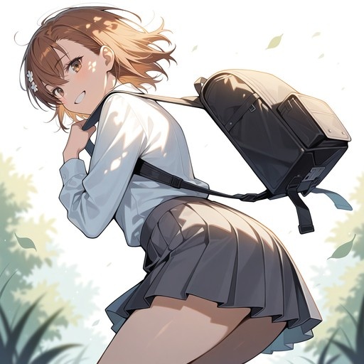 Misaka Mikoto in a white shirt and grey pleated skirt carrying a black backpack over her shoulder, looking back with a smile as leaves fall around her.