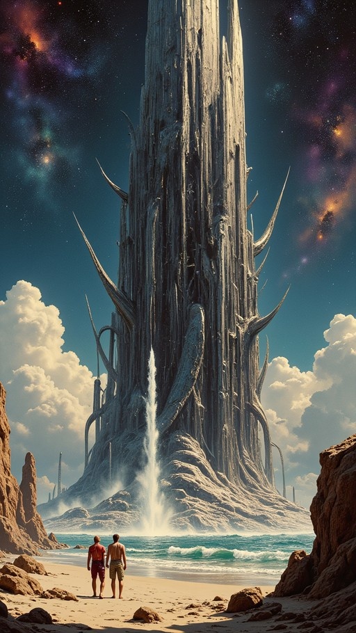 Two men standing on a beach looking at a giant wooden tower with a water spout under a sky that transitions from clouds to stars