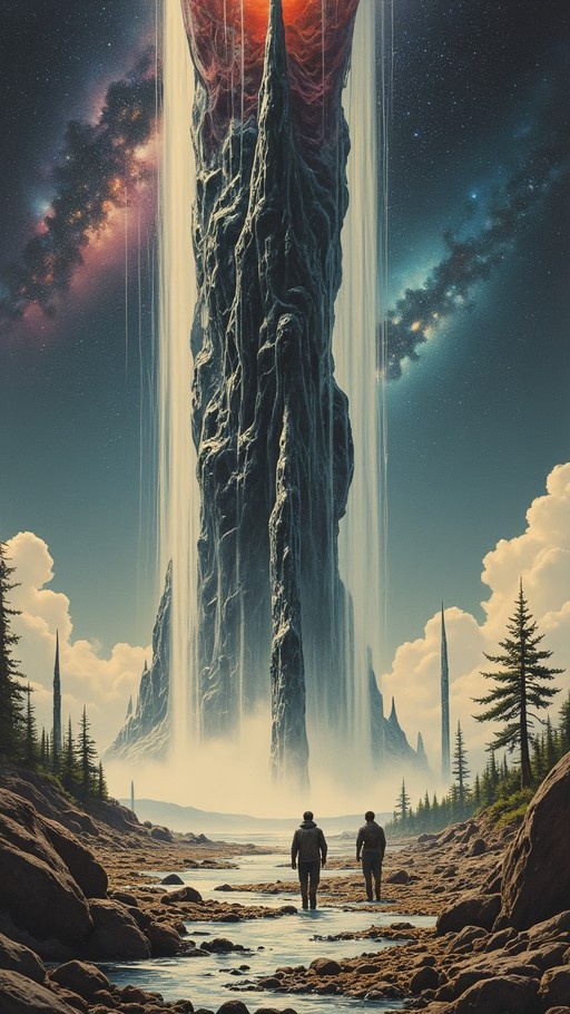 Two people walking towards a giant floating rock structure in a forest with a starry sky