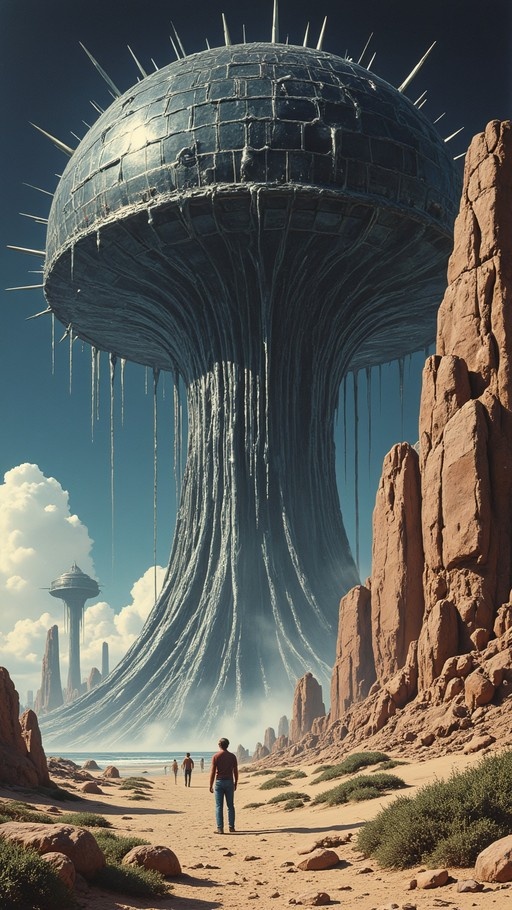A low-angle view of a gigantic dark spiked dome with hanging tendrils rising from a rocky desert landscape towards a blue sky, with small figures walking on a sandy path in the foreground.