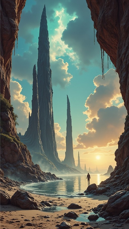 A lone figure stands in shallow water framed by a rocky cave entrance, gazing at massive jagged rock spires rising against a cloudy sunset sky.