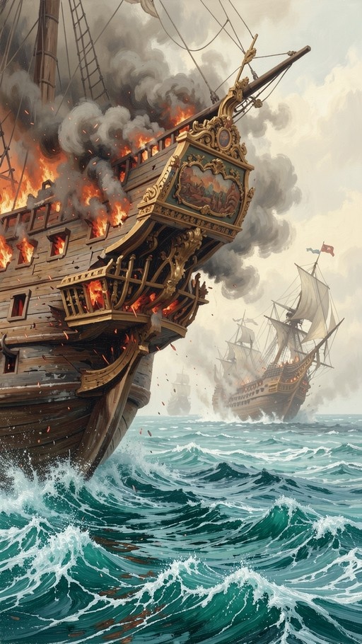 A large wooden warship with ornate gold details is on fire, billowing black smoke into the sky while sailing through rough turquoise waves, with another burning ship visible in the background.