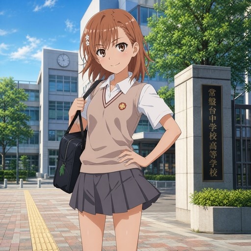 Misaka Mikoto from A Certain Scientific Railgun standing outside a school gate in her Tokiwadai uniform, smiling at the viewer with a black bag over her shoulder.