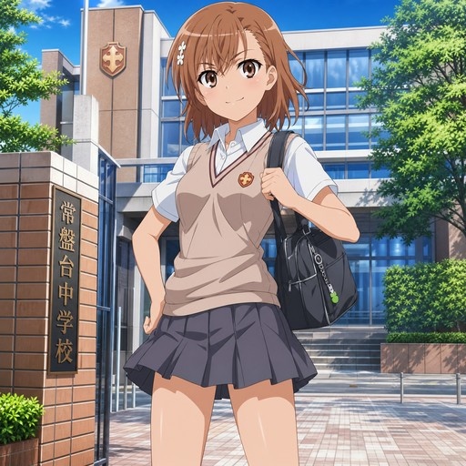 An anime girl with short brown hair and a white flower clip stands smiling in front of a school building, wearing a beige sweater vest over a white shirt and a grey pleated skirt while holding a black bag.