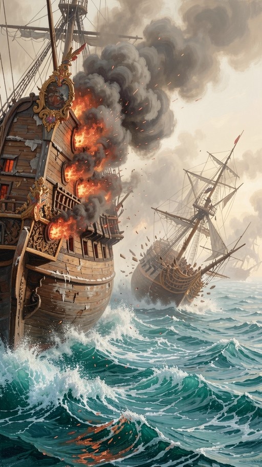 A large wooden sailing ship burns fiercely with black smoke rising as a second damaged vessel tilts in the rough sea waves.