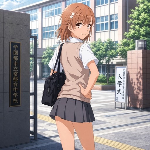 Misaka Mikoto from A Certain Scientific Railgun stands outside a school gate wearing a beige sweater vest and grey skirt, looking back over her shoulder with a smile.