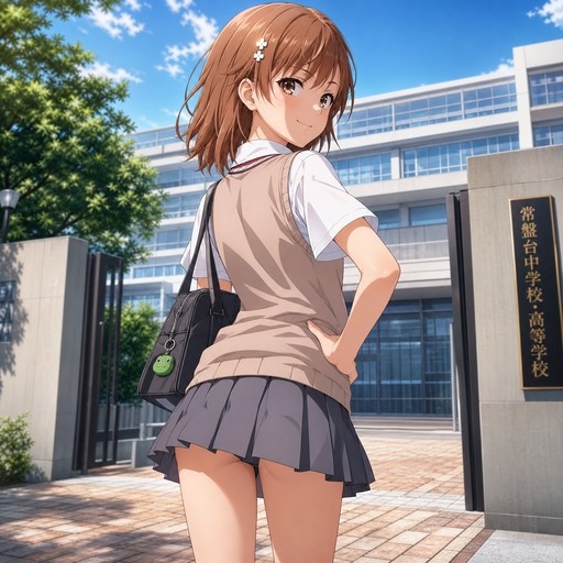 Misaka Mikoto in a school uniform looking back at the viewer outside a school building.
