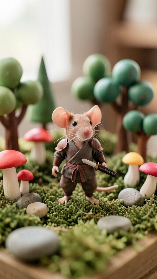 A realistic brown mouse dressed as a samurai warrior holding a small sword, standing on moss among colorful mushrooms and tiny trees in a diorama setting.