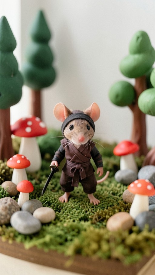 A realistic mouse wearing a brown martial arts uniform and black headband stands on green moss holding a small sword, surrounded by miniature red spotted mushrooms and stylized green trees in a fantasy diorama setting.