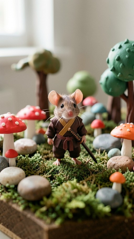 A realistic mouse dressed as a samurai holding a sword stands on green moss surrounded by colorful mushrooms in a miniature forest diorama.