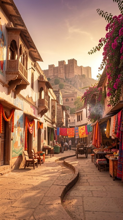 A winding cobblestone street in a historic town with colorful market stalls and traditional buildings leading towards a large fortress on a hill.