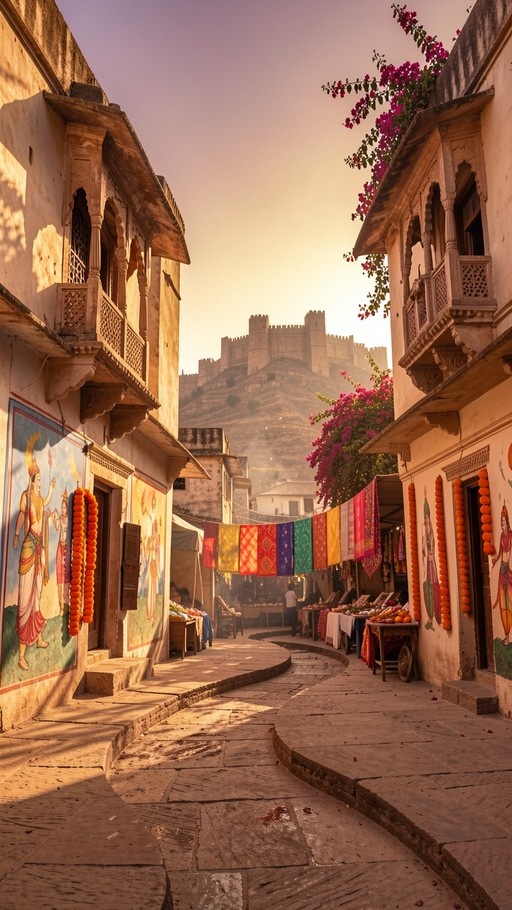 A winding stone street in a traditional town features sandstone buildings with intricate balconies, colorful hanging fabrics, and orange garlands, leading towards a large fort on a hill under a purple and orange sky.