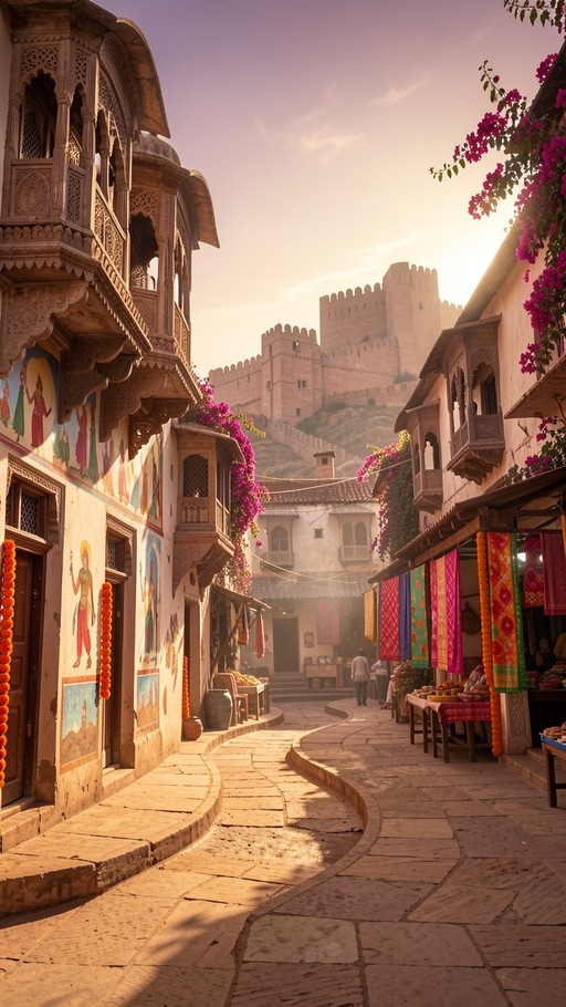 A sunlit stone street winds through a town with painted walls and hanging fabrics, leading toward a large fort on a hill in the distance.