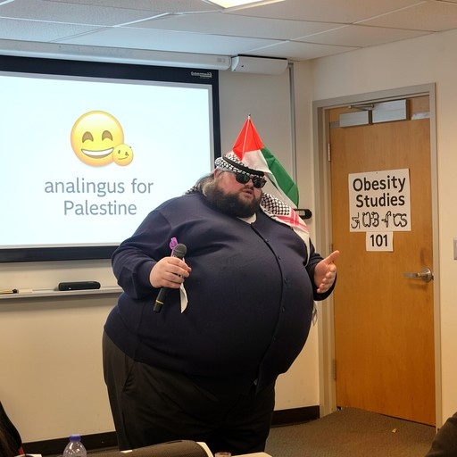 An obese bearded man in a keffiyeh and sunglasses holds a microphone in front of a screen reading "analingus for Palestine" next to a door labeled "Obesity Studies 101."