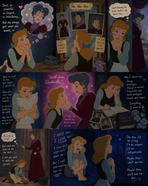 A multi-panel comic showing Cinderella admiring photos of Lady Tremaine, fantasizing about her praise, and crying while cleaning, illustrating her secret obsession with her stepmother.