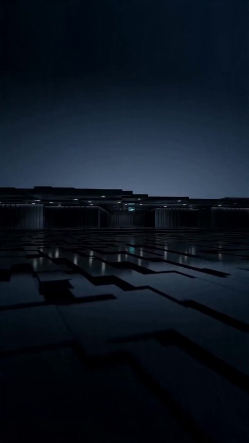 A smooth camera glides through a dark futuristic space filled with glowing blue holographic interfaces connected by streams of light.