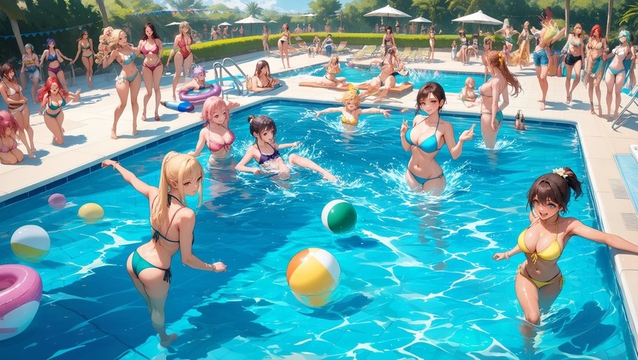 A group of anime-style girls in colorful bikinis playing with beach balls and relaxing in a sunny outdoor swimming pool.