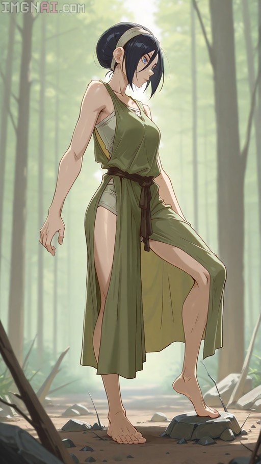 A full-body digital illustration of Toph Beifong from Avatar: The Last Airbender standing barefoot on a rock in a sunlit forest, wearing a green sleeveless tunic with a high slit and a white headband.