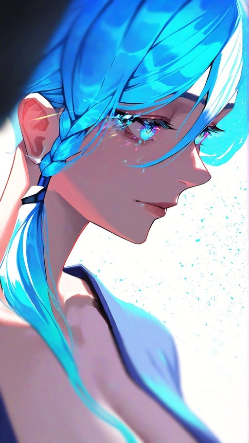 A digital illustration of a young woman with long blue hair in a side braid, shown in profile with a tear on her cheek and sparkling eyes against a white background.