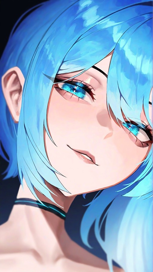 A close-up digital illustration of an anime girl with bright blue hair and eyes, wearing a black choker and smiling slightly against a dark background.